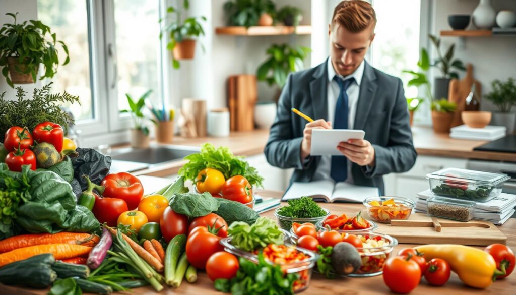 A beautiful, well-organized kitchen workspace showcasing a vibrant array of seasonal vegetables and fruits, such as colorful peppers, ripe tomatoes, and fresh herbs, arranged artistically on a wooden countertop. In the foreground, a person dressed in smart casual attire is meticulously planning meals, with a notepad and pencil in hand, surrounded by recipe books. The middle ground features a meal prep area with neatly portioned ingredients in glass containers and a cutting board. The background reveals soft, natural light streaming through a window, highlighting a cozy ambiance filled with greenery from potted plants. The overall scene conveys a sense of creativity and relaxation, inspiring viewers to embrace meal planning with joy and variety. A beautiful, well-organized kitchen workspace showcasing a vibrant array of seasonal vegetables and fruits, such as colorful peppers, ripe tomatoes, and fresh herbs, arranged artistically on a wooden countertop. In the foreground, a person dressed in smart casual attire is meticulously planning meals, with a notepad and pencil in hand, surrounded by recipe books. The middle ground features a meal prep area with neatly portioned ingredients in glass containers and a cutting board. The background reveals soft, natural light streaming through a window, highlighting a cozy ambiance filled with greenery from potted plants. The overall scene conveys a sense of creativity and relaxation, inspiring viewers to embrace meal planning with joy and variety.