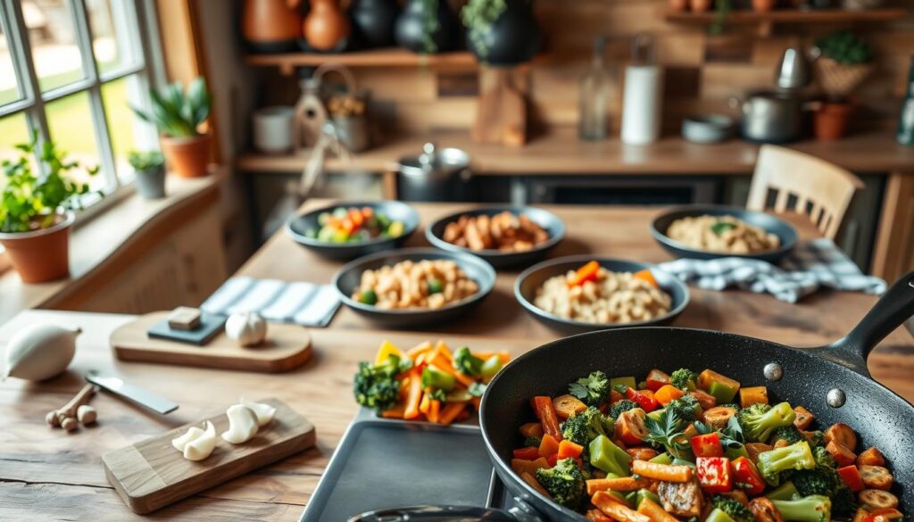 A beautifully arranged kitchen scene showcasing five quick skillet dishes that embody healthy family recipes. In the foreground, a large non-stick skillet sizzling with colorful vegetables like bell peppers, broccoli, and carrots, garnished with fresh herbs. Nearby, a wooden cutting board displays chopped garlic and onions, hinting at preparation. In the middle, a rustic dining table set with plates of simple but appetizing meals, subtly steaming, inviting family members to gather around. The background features a cozy kitchen setting with warm, natural lighting, pots hanging above, and potted herbs on the windowsill, creating a homey atmosphere. Captured from an overhead angle to highlight the vibrant dishes and the inviting kitchen space, evoking a sense of warmth and family bonding.
