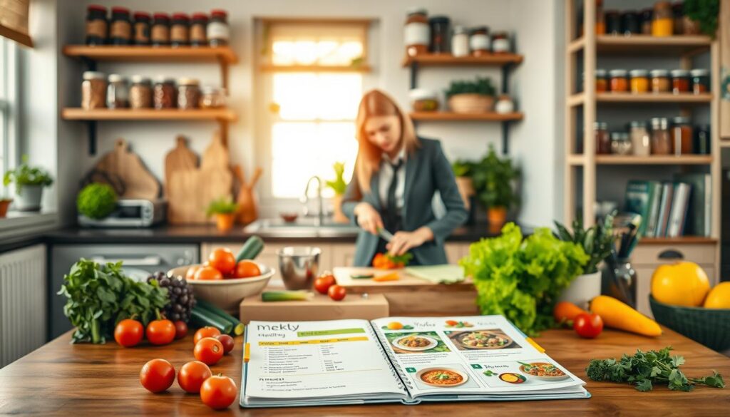 A beautifully arranged kitchen workspace featuring a wooden table filled with colorful, fresh ingredients like vegetables, herbs, and spices. In the foreground, a planner opened to a colorful weekly meal plan with handwritten notes and flexible recipes alongside vibrant images of cooked dishes. In the middle ground, a person in professional business attire is chopping vegetables, showcasing concentration and creativity. The background features organized shelves with jars of spices and cookbooks, bathed in warm, natural light from a nearby window, creating a cozy, inviting atmosphere. The overall mood is inspiring and productive, reflecting the theme of effective meal planning and stress relief in cooking.