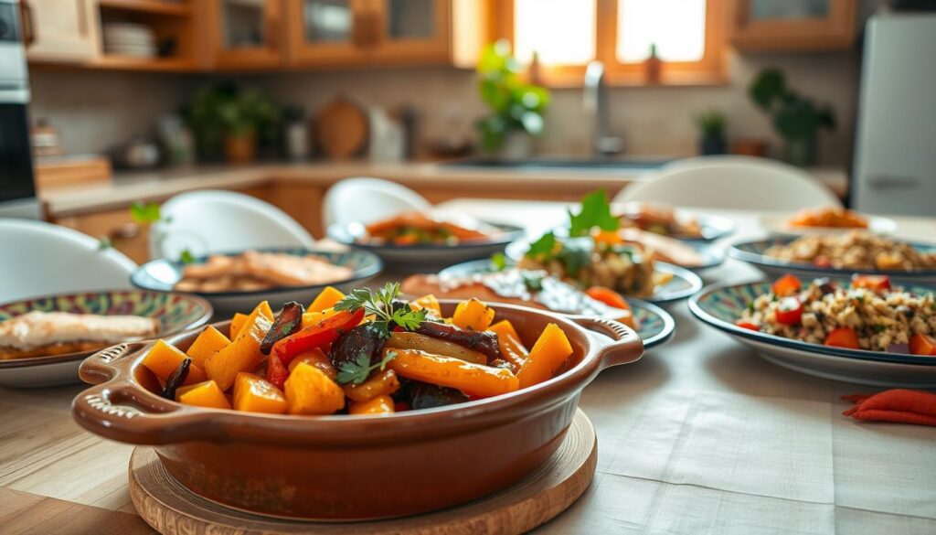 A beautifully arranged table featuring a variety of healthy oven dishes, including a colorful vegetable ratatouille, baked salmon with herbs, and a vibrant quinoa and roasted vegetable salad. In the foreground, focus on a rustic ceramic dish brimming with golden roasted carrots and bell peppers, garnished with fresh herbs. The middle layer showcases a variety of other wholesome dishes, artfully presented on vibrant, patterned plates. In the background, a softly lit kitchen setting with wooden cabinets, green plants, and a window allowing warm, natural light to create a cozy atmosphere. The image should evoke a sense of warmth, family togetherness, and simplicity, with a focus on wholesome ingredients and an inviting dining experience. The angle should be slightly elevated, capturing the inviting spread of healthy meals.