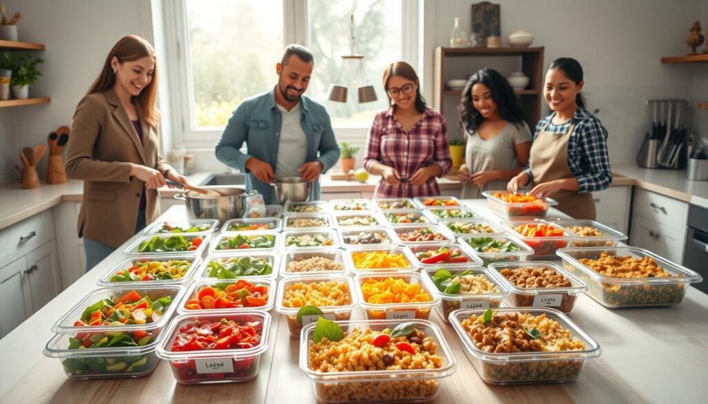 A beautifully organized kitchen scene focusing on batch cooking for a busy family, with various colorful meal prep containers displayed on a clean countertop. In the foreground, a diverse group of three adults, dressed in professional and modest casual clothing, are cheerfully preparing ingredients, like chopping vegetables and stirring pots. The middle section features a large wooden table with an array of prepped meals, showcasing vibrant salads, stews, and grains in neatly labeled containers. In the background, sunlight streams through a window, creating a warm and inviting atmosphere, with potted herbs on the sill and kitchen tools neatly arranged. The lighting is soft yet bright, highlighting the freshness of the food while conveying an atmosphere of efficiency and joy in cooking. The angle captures the teamwork involved in creating flexible meal options for family life.