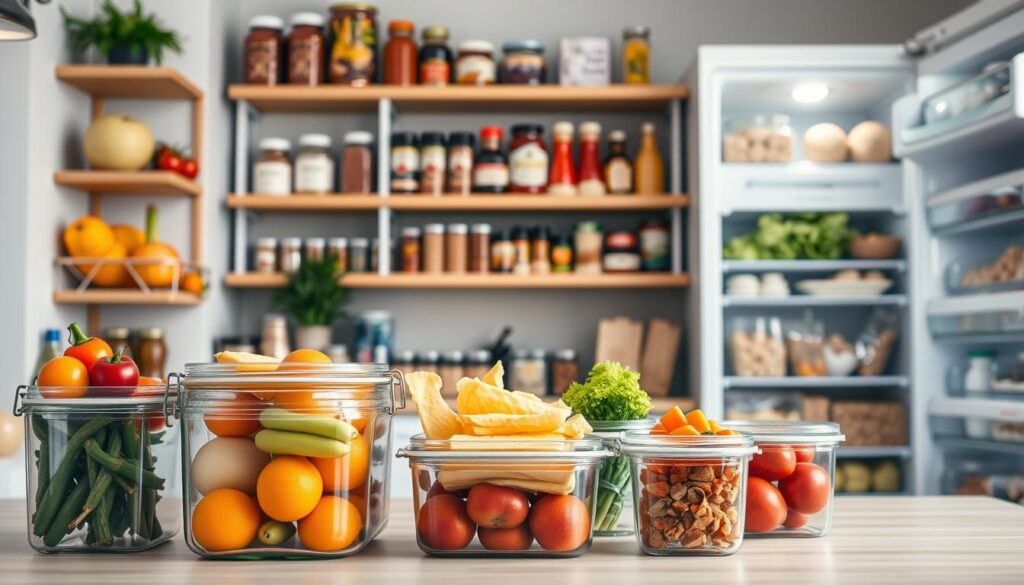 A beautifully organized kitchen scene showcasing various food items stored correctly for optimal freshness. In the foreground, focus on clear glass containers filled with brightly colored fruits and vegetables, neatly labeled. The middle section features wooden shelves stocked with canned goods and spices, all arranged harmoniously. The background highlights a well-lit refrigerator with transparent bins showcasing dairy and leftovers. Soft, natural lighting filters in from a window, casting a warm glow across the scene. The overall atmosphere is calm and inviting, emphasizing the importance of proper food storage to extend shelf life. The composition should feel professional and tidy, conveying a sense of organization and efficiency without any text or distractions. A beautifully organized kitchen scene showcasing various food items stored correctly for optimal freshness. In the foreground, focus on clear glass containers filled with brightly colored fruits and vegetables, neatly labeled. The middle section features wooden shelves stocked with canned goods and spices, all arranged harmoniously. The background highlights a well-lit refrigerator with transparent bins showcasing dairy and leftovers. Soft, natural lighting filters in from a window, casting a warm glow across the scene. The overall atmosphere is calm and inviting, emphasizing the importance of proper food storage to extend shelf life. The composition should feel professional and tidy, conveying a sense of organization and efficiency without any text or distractions.