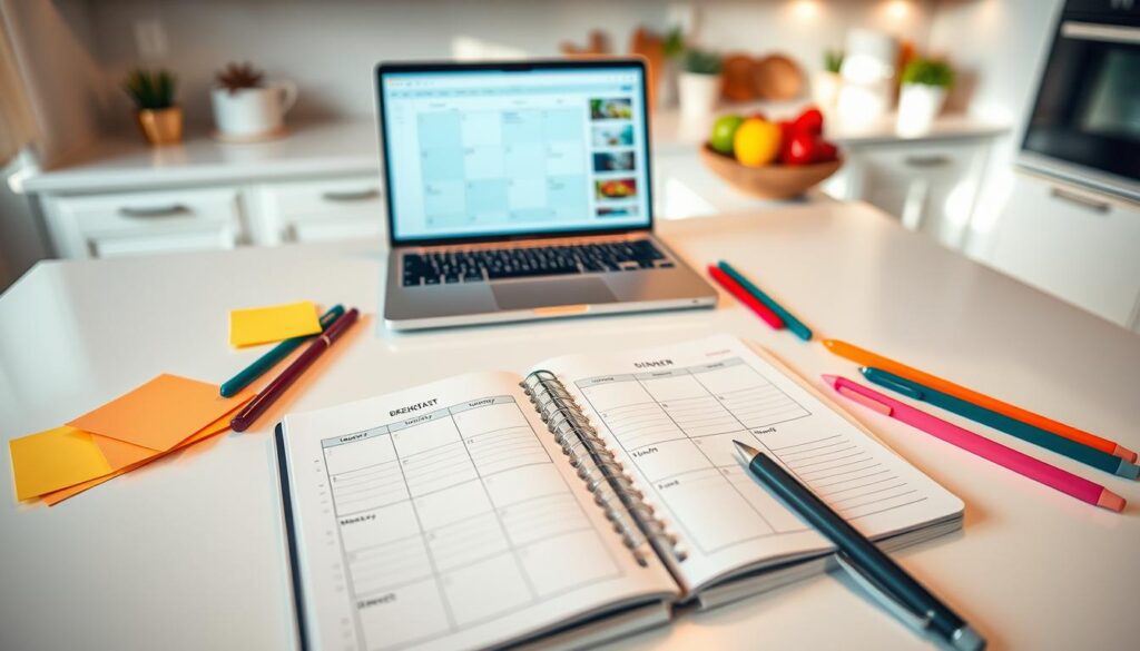 A beautifully organized weekly planner on a crisp white desk, with an array of colorful sticky notes and pens scattered artfully around it. In the foreground, an open notebook displays neatly written meal plans, with sections for breakfast, lunch, and dinner. In the middle, a stylish laptop shows an open calendar app, emphasizing a modern approach to meal prepping. In the background, a softly focused kitchen with warm lighting creates a cozy atmosphere, featuring fresh fruits and vegetables on a countertop. The scene has a bright, cheerful mood, symbolizing ease and efficiency in meal planning. The angle is slightly overhead, capturing the planner as the focal point while showcasing the inviting kitchen setting that inspires creativity and organization. A beautifully organized weekly planner on a crisp white desk, with an array of colorful sticky notes and pens scattered artfully around it. In the foreground, an open notebook displays neatly written meal plans, with sections for breakfast, lunch, and dinner. In the middle, a stylish laptop shows an open calendar app, emphasizing a modern approach to meal prepping. In the background, a softly focused kitchen with warm lighting creates a cozy atmosphere, featuring fresh fruits and vegetables on a countertop. The scene has a bright, cheerful mood, symbolizing ease and efficiency in meal planning. The angle is slightly overhead, capturing the planner as the focal point while showcasing the inviting kitchen setting that inspires creativity and organization.