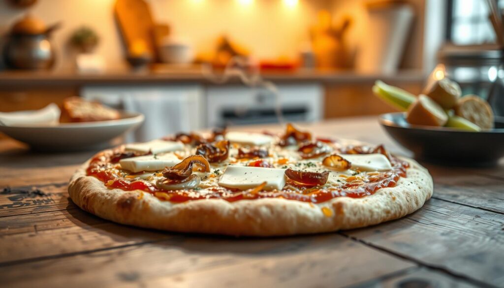 A beautifully styled homemade Flammkuchen on a tortilla base, freshly baked and placed on a rustic wooden table. In the foreground, vibrant colors of the toppings can be seen: creamy white cheese, crispy lardons, and caramelized onions arranged artfully. Gentle steam rises from the Flammkuchen, suggesting it's just out of the oven. In the background, a soft-focus kitchen ambiance with warm lighting creates a cozy dining atmosphere. The image is captured with a shallow depth of field, focusing sharply on the Flammkuchen while softening the kitchen elements around it. The overall mood is inviting and heartwarming, perfect for a family dinner setting, highlighting the simplicity and appeal of quick homemade meals.