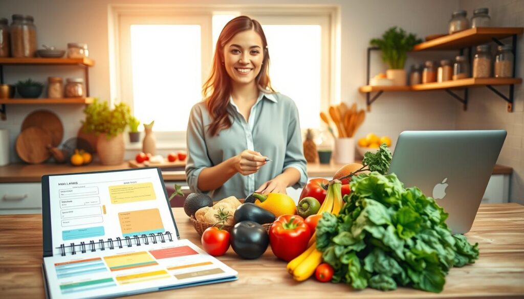A bright and inviting kitchen scene illustrating the concept of healthy meal planning. In the foreground, a diverse array of fresh fruits and vegetables is beautifully arranged on a wooden countertop. A planner with colorful sections and meal ideas is open beside a laptop, showcasing a digital meal plan. In the middle ground, a professional woman in modest casual attire, exuding confidence and joy, is preparing ingredients with a smile, embodying the idea of stress-free cooking. The background features warm, soft lighting that creates an inviting atmosphere, with shelves stocked with jars of grains and spices. A large window allows natural light to filter in, enhancing the cheerful and motivational vibe of the space.