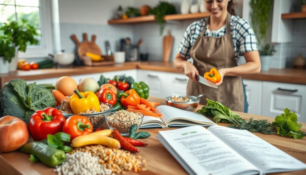 A bright and inviting kitchen scene showcasing a variety of simple, healthy recipes being prepared. In the foreground, a wooden table is adorned with fresh vegetables, fruits, and whole grains, beautifully arranged to emphasize their vibrant colors. A person dressed in casual attire, such as an apron and jeans, is chopping colorful bell peppers with a joyful expression, conveying ease and enjoyment in cooking. In the middle, a cookbook opened to a page with easy-to-follow recipe steps is visible, surrounded by cooking utensils and herbs, illustrating simplicity in meal preparation. The background features soft natural lighting from a window, with a few plants and neat kitchen shelves to enhance the healthful atmosphere. The mood is cheerful and motivating, inspiring viewers to embrace uncomplicated and healthy cooking in their daily lives. A bright and inviting kitchen scene showcasing a variety of simple, healthy recipes being prepared. In the foreground, a wooden table is adorned with fresh vegetables, fruits, and whole grains, beautifully arranged to emphasize their vibrant colors. A person dressed in casual attire, such as an apron and jeans, is chopping colorful bell peppers with a joyful expression, conveying ease and enjoyment in cooking. In the middle, a cookbook opened to a page with easy-to-follow recipe steps is visible, surrounded by cooking utensils and herbs, illustrating simplicity in meal preparation. The background features soft natural lighting from a window, with a few plants and neat kitchen shelves to enhance the healthful atmosphere. The mood is cheerful and motivating, inspiring viewers to embrace uncomplicated and healthy cooking in their daily lives.