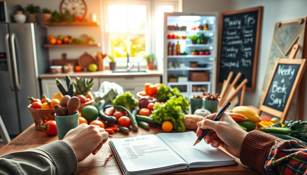 A bright and inviting kitchen setting features a stylish wooden table, cluttered with a colorful array of fresh vegetables, fruits, and groceries, symbolizing the upcoming week’s meal preparations. In the foreground, a hand, dressed in a casual but neat outfit, is seen writing a detailed weekly meal plan in a notebook, while a smartphone displaying a shopping list sits nearby. The middle ground shows an open fridge stocked with organized ingredients, alongside a chalkboard displaying a week’s menu. In the background, warm sunlight pours through a large window, casting soft shadows and enhancing the cozy, productive atmosphere of planning meals. The composition evokes a sense of calm and control, perfect for ending daily meal stress. A bright and inviting kitchen setting features a stylish wooden table, cluttered with a colorful array of fresh vegetables, fruits, and groceries, symbolizing the upcoming week’s meal preparations. In the foreground, a hand, dressed in a casual but neat outfit, is seen writing a detailed weekly meal plan in a notebook, while a smartphone displaying a shopping list sits nearby. The middle ground shows an open fridge stocked with organized ingredients, alongside a chalkboard displaying a week’s menu. In the background, warm sunlight pours through a large window, casting soft shadows and enhancing the cozy, productive atmosphere of planning meals. The composition evokes a sense of calm and control, perfect for ending daily meal stress.