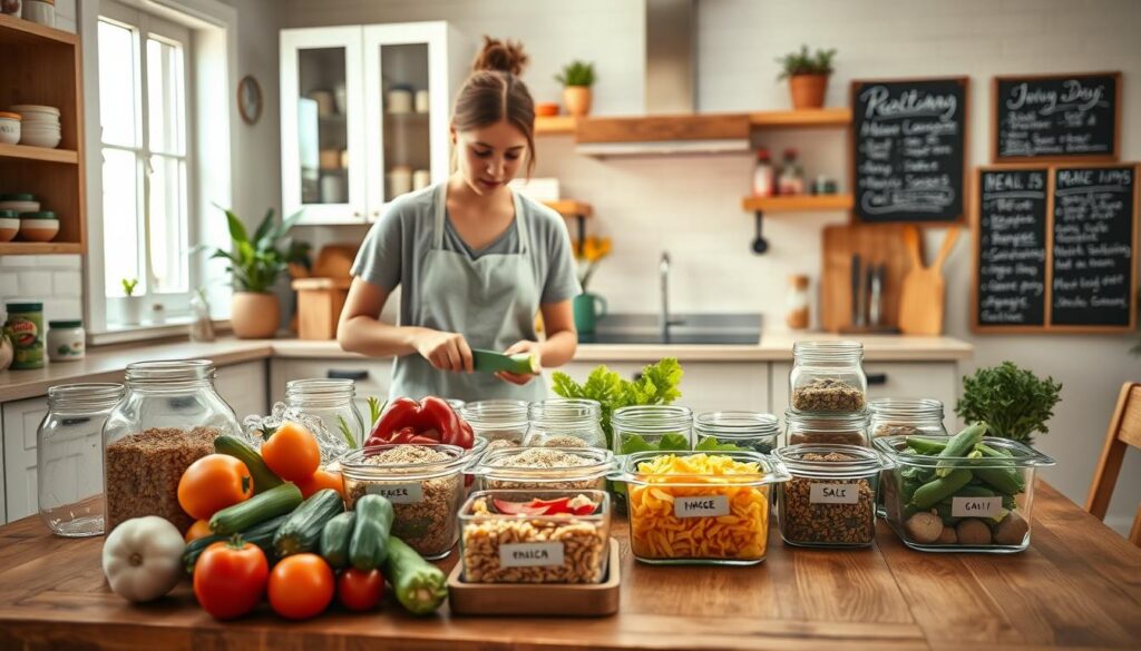 A bright and tidy kitchen scene on a weekend, showcasing meal prep for stress-free cooking. In the foreground, a wooden table filled with fresh vegetables, grains, and prepared ingredients arranged in glass containers. A person in modest casual clothing, with a focused expression, is chopping vegetables and placing them into labeled containers. In the middle ground, open cabinets reveal neatly organized spices and pantry items. Soft, warm lighting penetrates through a window, enhancing the inviting atmosphere. The background features a rustic kitchen with wooden shelves, a colorful plant in a pot, and a chalkboard menu with healthy meal ideas. The overall mood is calm and productive, emphasizing effective weekend preparation for the workweek ahead. A bright and tidy kitchen scene on a weekend, showcasing meal prep for stress-free cooking. In the foreground, a wooden table filled with fresh vegetables, grains, and prepared ingredients arranged in glass containers. A person in modest casual clothing, with a focused expression, is chopping vegetables and placing them into labeled containers. In the middle ground, open cabinets reveal neatly organized spices and pantry items. Soft, warm lighting penetrates through a window, enhancing the inviting atmosphere. The background features a rustic kitchen with wooden shelves, a colorful plant in a pot, and a chalkboard menu with healthy meal ideas. The overall mood is calm and productive, emphasizing effective weekend preparation for the workweek ahead.
