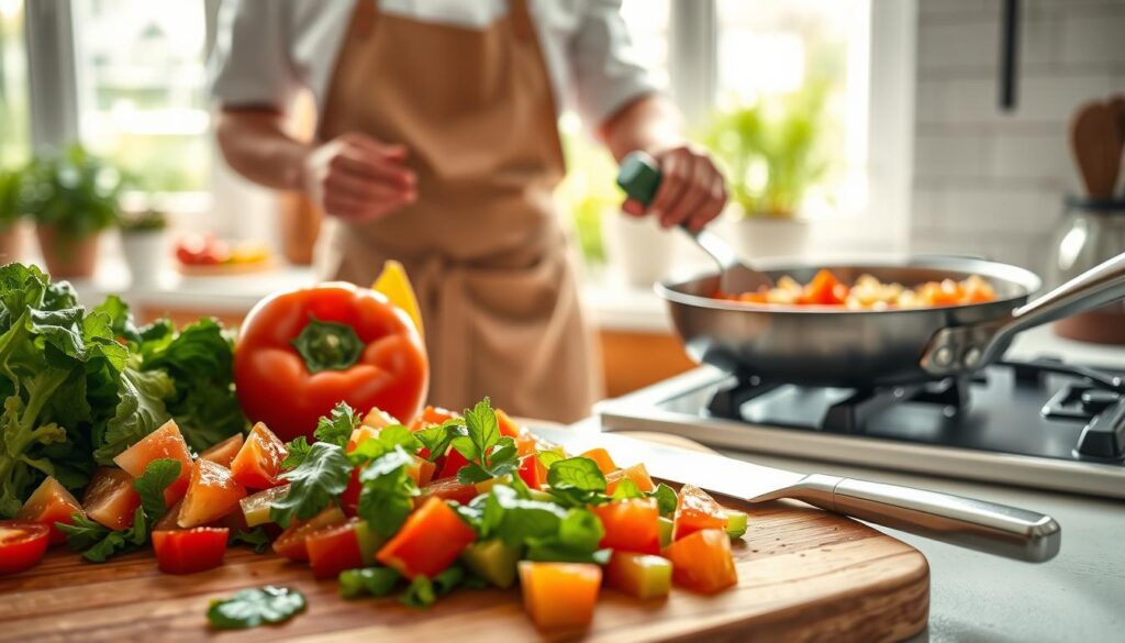 A bright, inviting kitchen scene filled with fresh ingredients, emphasizing the concept of "saving time while cooking with fresh produce". In the foreground, a wooden cutting board hosts vibrant, chopped vegetables such as tomatoes, bell peppers, and leafy greens, glistening with water droplets. A simple yet elegant stainless-steel knife rests beside them. In the middle ground, a chef in a modest, professional apron skillfully stirs a colorful sauté in a large skillet, exuding a sense of calm focus. In the background, soft, natural light streams through a window, highlighting potted herbs on the windowsill and creating a warm, welcoming atmosphere. The composition should evoke a mood of simplicity and efficiency, showcasing how fewer ingredients can lead to delicious meals.