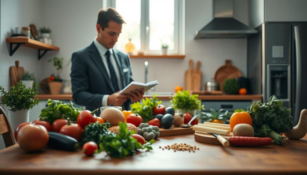 A bright, inviting kitchen scene showcasing a person in professional attire, thoughtfully contemplating meal choices. In the foreground, a wooden dining table is adorned with an array of colorful, fresh ingredients like vegetables, herbs, and spices, emphasizing the variety of meal options. The middle ground features an individual, focused and relaxed, holding a notepad and making notes while glancing at a cookbook or tablet. In the background, the kitchen is well-lit with warm, natural light streaming in from a window, creating an atmosphere of calm decision-making. The overall mood should convey clarity, focus, and the enjoyment of cooking, inviting viewers to engage in their meal-planning journey. Use a soft-focus lens to enhance warmth and subtle detail, avoiding distractions. A bright, inviting kitchen scene showcasing a person in professional attire, thoughtfully contemplating meal choices. In the foreground, a wooden dining table is adorned with an array of colorful, fresh ingredients like vegetables, herbs, and spices, emphasizing the variety of meal options. The middle ground features an individual, focused and relaxed, holding a notepad and making notes while glancing at a cookbook or tablet. In the background, the kitchen is well-lit with warm, natural light streaming in from a window, creating an atmosphere of calm decision-making. The overall mood should convey clarity, focus, and the enjoyment of cooking, inviting viewers to engage in their meal-planning journey. Use a soft-focus lens to enhance warmth and subtle detail, avoiding distractions.