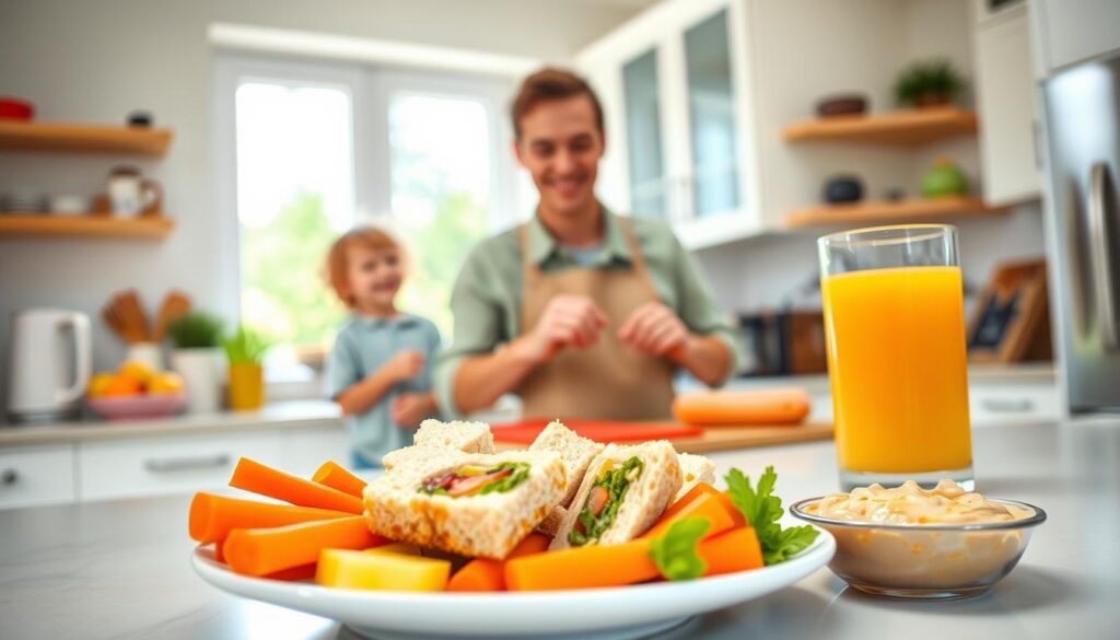 A bright, inviting kitchen setting serves as the background, featuring a cheerful atmosphere filled with soft, natural lighting streaming in from a nearby window. In the foreground, a colorful plate of quick, kid-friendly lunch options is prominently displayed. The plate includes a variety of healthy sandwiches cut into fun shapes, vibrant carrot sticks, and a small bowl of hummus. To the side, a glass of refreshing fruit juice. In the middle ground, a friendly adult, casually dressed, prepares ingredients while smiling at a child in the scene, who eagerly watches. The mood is warm and welcoming, emphasizing the joy of cooking simple, nutritious meals for children, showcasing an atmosphere of familial love and care. A bright, inviting kitchen setting serves as the background, featuring a cheerful atmosphere filled with soft, natural lighting streaming in from a nearby window. In the foreground, a colorful plate of quick, kid-friendly lunch options is prominently displayed. The plate includes a variety of healthy sandwiches cut into fun shapes, vibrant carrot sticks, and a small bowl of hummus. To the side, a glass of refreshing fruit juice. In the middle ground, a friendly adult, casually dressed, prepares ingredients while smiling at a child in the scene, who eagerly watches. The mood is warm and welcoming, emphasizing the joy of cooking simple, nutritious meals for children, showcasing an atmosphere of familial love and care.