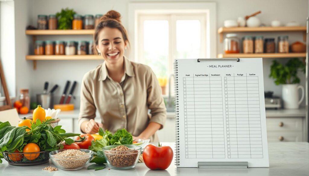 A bright, organized kitchen scene that embodies the concept of stress-free meal planning. In the foreground, a cheerful individual, dressed in smart casual attire, is joyfully arranging fresh ingredients on a countertop, surrounded by colorful vegetables, grains, and spices. In the middle, a large planner or a meal prep list, filled with neatly organized recipes and checkboxes, is prominently displayed. The background features a sunlit space with shelves stocked with jars and neatly chopped ingredients, inspiring a sense of calm and control. Soft, natural lighting from a window enhances the inviting atmosphere, while a shallow depth of field keeps the focus on the individual and the meal prep items, creating a warm and optimistic mood. A bright, organized kitchen scene that embodies the concept of stress-free meal planning. In the foreground, a cheerful individual, dressed in smart casual attire, is joyfully arranging fresh ingredients on a countertop, surrounded by colorful vegetables, grains, and spices. In the middle, a large planner or a meal prep list, filled with neatly organized recipes and checkboxes, is prominently displayed. The background features a sunlit space with shelves stocked with jars and neatly chopped ingredients, inspiring a sense of calm and control. Soft, natural lighting from a window enhances the inviting atmosphere, while a shallow depth of field keeps the focus on the individual and the meal prep items, creating a warm and optimistic mood.