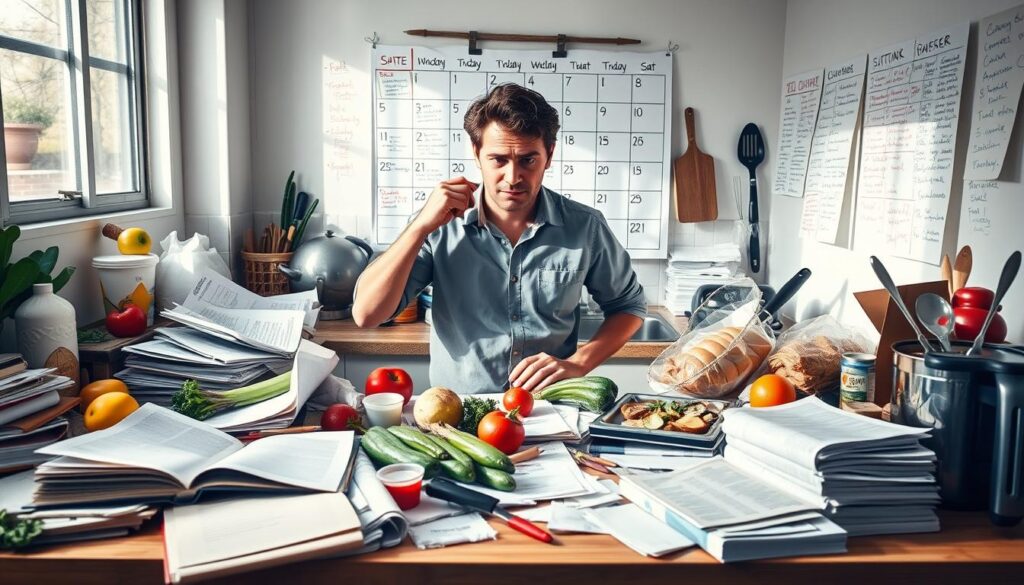 A chaotic kitchen scene showcasing common meal planning mistakes. In the foreground, a cluttered countertop with half-open cookbooks, scattered grocery lists, wilted vegetables, and expired food items. The middle area features a frustrated individual in modest casual clothing, looking overwhelmed while surrounded by mismatched ingredients and cooking utensils. In the background, a calendar filled with crossed-out days and scribbled notes hints at disorganized scheduling. Soft, natural light streams in from a window, casting gentle shadows, which create an atmosphere of mild chaos and urgency. The overall mood captures the frustration of poor meal planning while maintaining a professional, relatable tone. A chaotic kitchen scene showcasing common meal planning mistakes. In the foreground, a cluttered countertop with half-open cookbooks, scattered grocery lists, wilted vegetables, and expired food items. The middle area features a frustrated individual in modest casual clothing, looking overwhelmed while surrounded by mismatched ingredients and cooking utensils. In the background, a calendar filled with crossed-out days and scribbled notes hints at disorganized scheduling. Soft, natural light streams in from a window, casting gentle shadows, which create an atmosphere of mild chaos and urgency. The overall mood captures the frustration of poor meal planning while maintaining a professional, relatable tone.