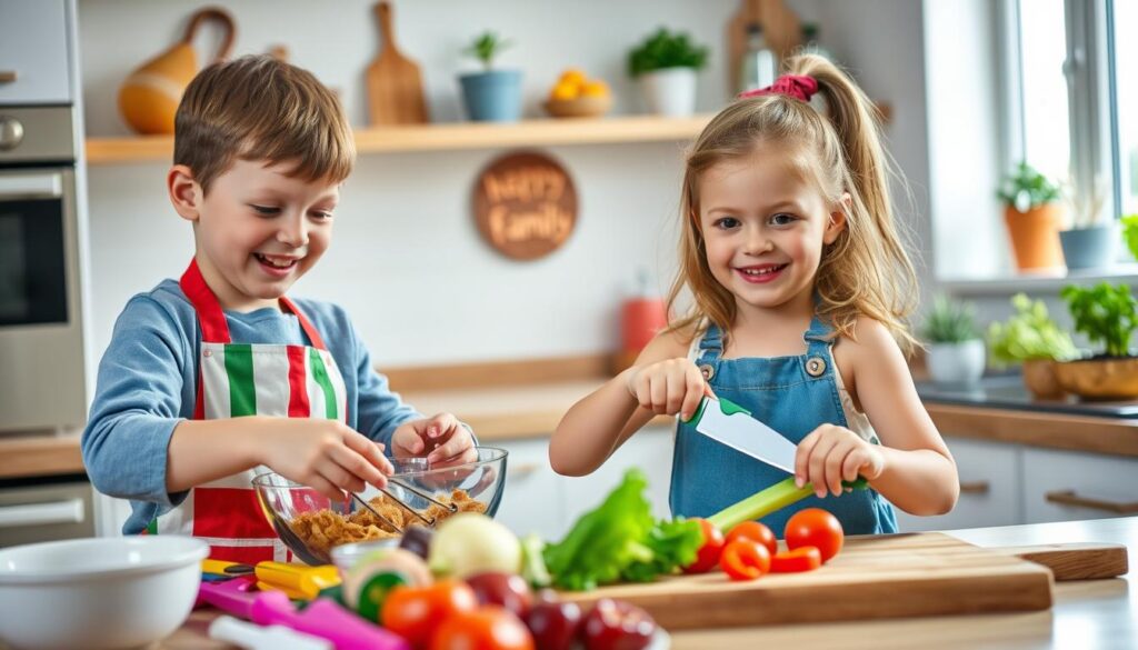 A cheerful kitchen scene filled with two young children, a boy and a girl, actively engaged in cooking. The boy, around 7 years old, is stirring a mixing bowl while wearing a colorful apron, and the girl, about 5 years old, is cutting soft vegetables with a child-safe knife on a wooden cutting board. Colorful utensils and fresh ingredients are scattered around, conveying a lively atmosphere. The foreground is filled with their joyful expressions and hands at work. In the background, a clean, bright kitchen with natural light coming through a window illuminates the space, highlighting potted herbs on the windowsill and cheerful family decorations. The overall mood is warm, inviting, and playful, showcasing the joy of family cooking. The composition is shot from a slightly elevated angle, emphasizing both children’s engagement in the culinary activity. A cheerful kitchen scene filled with two young children, a boy and a girl, actively engaged in cooking. The boy, around 7 years old, is stirring a mixing bowl while wearing a colorful apron, and the girl, about 5 years old, is cutting soft vegetables with a child-safe knife on a wooden cutting board. Colorful utensils and fresh ingredients are scattered around, conveying a lively atmosphere. The foreground is filled with their joyful expressions and hands at work. In the background, a clean, bright kitchen with natural light coming through a window illuminates the space, highlighting potted herbs on the windowsill and cheerful family decorations. The overall mood is warm, inviting, and playful, showcasing the joy of family cooking. The composition is shot from a slightly elevated angle, emphasizing both children’s engagement in the culinary activity.