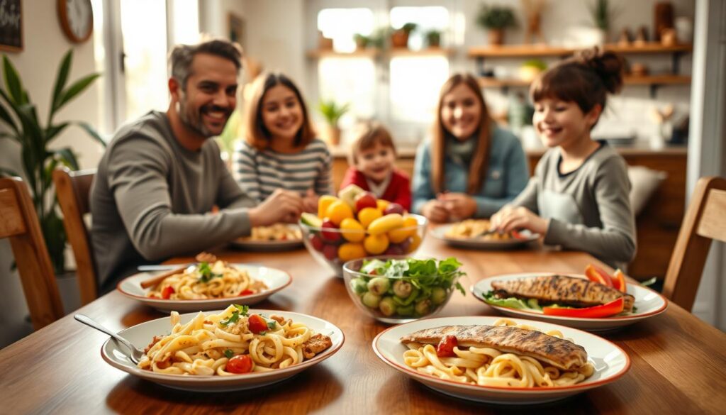 A cozy family dinner scene featuring a simple and healthy meal for children. In the foreground, a wooden dining table is set with colorful plates of pasta with vegetables, grilled chicken, and a fresh salad. A vibrant fruit bowl sits in the center. In the middle ground, a family of four—parents and two children—smile and interact, dressed in casual, comfortable clothing, creating a warm atmosphere. Soft, natural lighting filters through a nearby window, casting gentle shadows. The background shows a homely kitchen with plants and warm decor, enhancing the inviting mood of an evening meal. The overall atmosphere is relaxed and joyful, perfect for a calm family dinner. A cozy family dinner scene featuring a simple and healthy meal for children. In the foreground, a wooden dining table is set with colorful plates of pasta with vegetables, grilled chicken, and a fresh salad. A vibrant fruit bowl sits in the center. In the middle ground, a family of four—parents and two children—smile and interact, dressed in casual, comfortable clothing, creating a warm atmosphere. Soft, natural lighting filters through a nearby window, casting gentle shadows. The background shows a homely kitchen with plants and warm decor, enhancing the inviting mood of an evening meal. The overall atmosphere is relaxed and joyful, perfect for a calm family dinner.