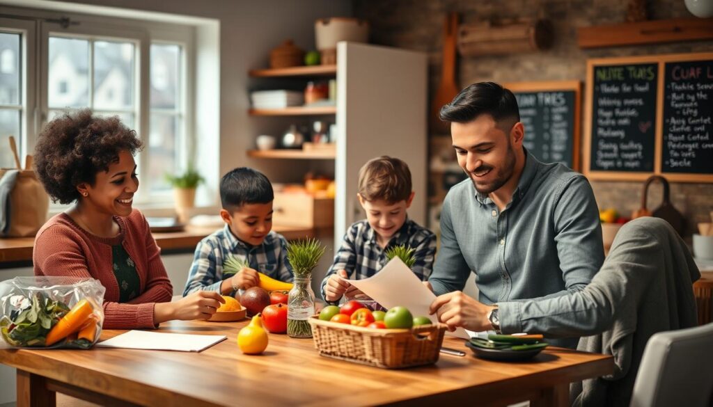 A cozy family kitchen bustling with activity, featuring a diverse family of four engaged in organizing the weekly shopping list. In the foreground, a mother and father, both dressed in smart casual attire, are sitting at a wooden table, examining groceries and writing notes on a notepad. The middle ground shows their two children, a boy and a girl, sorting through colorful fruit and vegetable items. The background reveals a well-organized pantry and a chalkboard menu on the wall, with warm, natural lighting coming from a nearby window, creating a welcoming atmosphere. The image conveys a sense of cooperation and efficiency in family life, highlighting the joy of teamwork and planning during the shopping process.