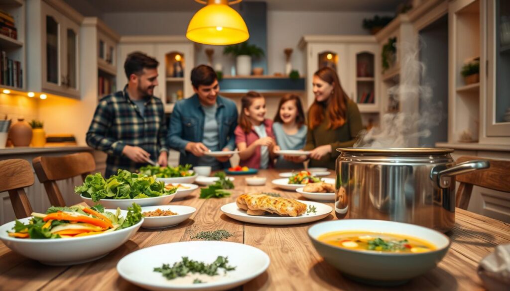 A cozy family kitchen during the evening, featuring a long wooden dining table set with colorful, healthy dishes. In the foreground, a bowl of fresh salad, a platter of grilled chicken, and a steaming pot of vegetable soup, with fresh herbs scattered around. In the middle ground, a cheerful family (two parents and two children, dressed in modest casual clothing) sharing laughter and serving each other. The background reveals warm yellow lighting from pendant lamps, white cabinets, and shelves filled with cookbooks and green plants, creating an inviting atmosphere. The scene captures the essence of quick, healthy meals prepared easily, emphasizing family togetherness and stress-free cooking. Use a soft focus for warmth, and capture the setting from a slight angle to enhance depth. A cozy family kitchen during the evening, featuring a long wooden dining table set with colorful, healthy dishes. In the foreground, a bowl of fresh salad, a platter of grilled chicken, and a steaming pot of vegetable soup, with fresh herbs scattered around. In the middle ground, a cheerful family (two parents and two children, dressed in modest casual clothing) sharing laughter and serving each other. The background reveals warm yellow lighting from pendant lamps, white cabinets, and shelves filled with cookbooks and green plants, creating an inviting atmosphere. The scene captures the essence of quick, healthy meals prepared easily, emphasizing family togetherness and stress-free cooking. Use a soft focus for warmth, and capture the setting from a slight angle to enhance depth.