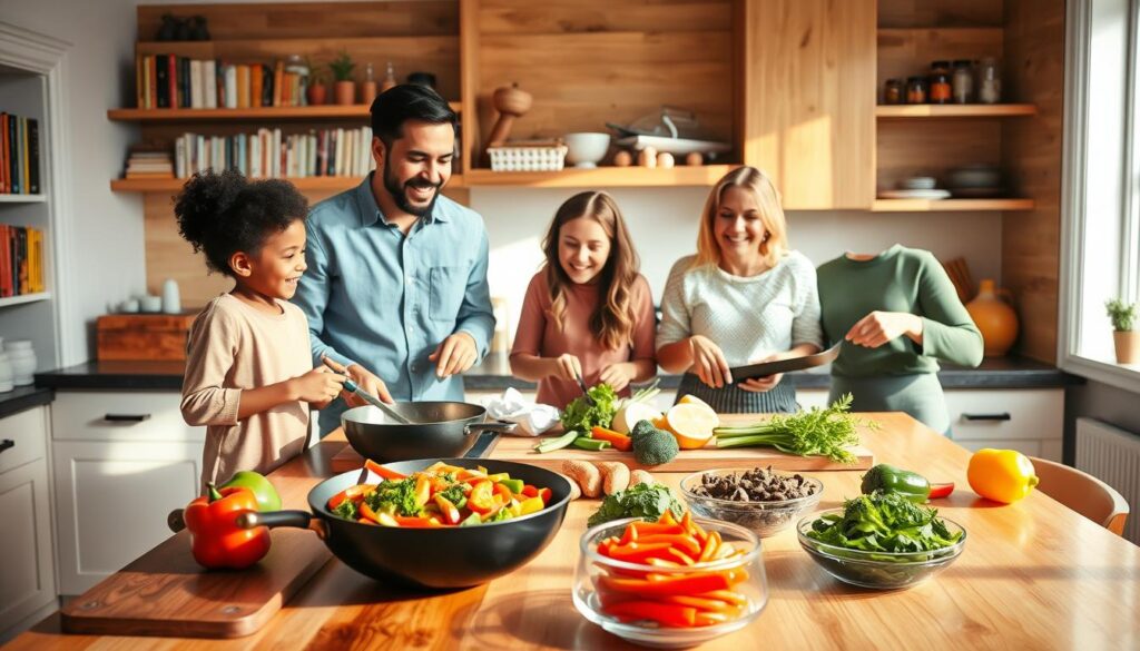 A cozy family kitchen filled with warm, natural light. In the foreground, a diverse family of four is joyfully cooking together, wearing casual, comfortable clothing. The children are playfully assisting with chopping vegetables, while the parents are stirring a colorful stir-fry in a wok. Fresh ingredients like bell peppers, broccoli, and herbs are vibrant on a wooden cutting board nearby. The middle ground features a polished kitchen island with various healthy dishes ready to serve, beautifully arranged. In the background, shelves lined with cookbooks and spices create a homely atmosphere. The scene conveys a sense of happiness, teamwork, and the ease of making quick, nutritious meals, emphasizing the theme of stress-free cooking in 20 minutes. The image is brightly lit, capturing the lively energy of family bonding over cooking.