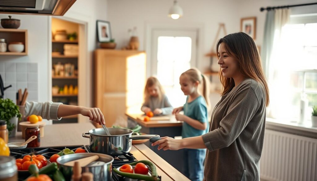 A cozy family kitchen scene during a lively cooking session. In the foreground, a smiling woman in modest casual clothing stirs a pot on the stove, surrounded by colorful fresh vegetables and ingredients. In the middle, two children are happily chopping vegetables at a kitchen island, showcasing teamwork and engagement in the cooking process. Warm, natural light streams through a nearby window, casting a soft glow across the scene. In the background, a well-organized pantry and family memories adorn the walls, creating an inviting atmosphere. Overall, the image conveys a sense of warmth, connection, and priority in family life, emphasizing the joyful experience of cooking together. The focus is on family bonding, with an uplifting, harmonious mood.