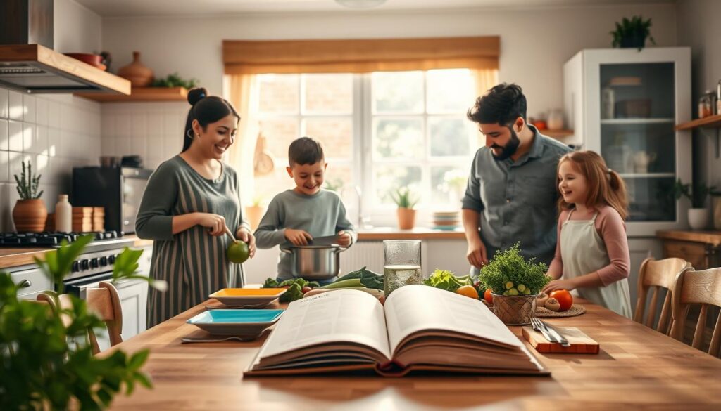 A cozy family kitchen scene filled with warmth and harmony. In the foreground, a diverse family of four prepares a meal together, featuring a mother and father in modest casual clothing and two children, a boy and a girl, engaging joyfully. The mother is chopping vegetables, while the father stirs a pot on the stove, both smiling. The children are setting the table, adding colorful plates and utensils. In the middle ground, a wooden dining table showcases an array of fresh ingredients and an open recipe book, symbolizing meal planning. The background reveals a sunlit kitchen with green plants on the windowsill and cozy decor. Soft, natural lighting pours in, casting gentle shadows, creating an inviting and relaxed atmosphere. The overall mood is one of togetherness and simplicity, highlighting small changes leading to a more enjoyable family routine. A cozy family kitchen scene filled with warmth and harmony. In the foreground, a diverse family of four prepares a meal together, featuring a mother and father in modest casual clothing and two children, a boy and a girl, engaging joyfully. The mother is chopping vegetables, while the father stirs a pot on the stove, both smiling. The children are setting the table, adding colorful plates and utensils. In the middle ground, a wooden dining table showcases an array of fresh ingredients and an open recipe book, symbolizing meal planning. The background reveals a sunlit kitchen with green plants on the windowsill and cozy decor. Soft, natural lighting pours in, casting gentle shadows, creating an inviting and relaxed atmosphere. The overall mood is one of togetherness and simplicity, highlighting small changes leading to a more enjoyable family routine.