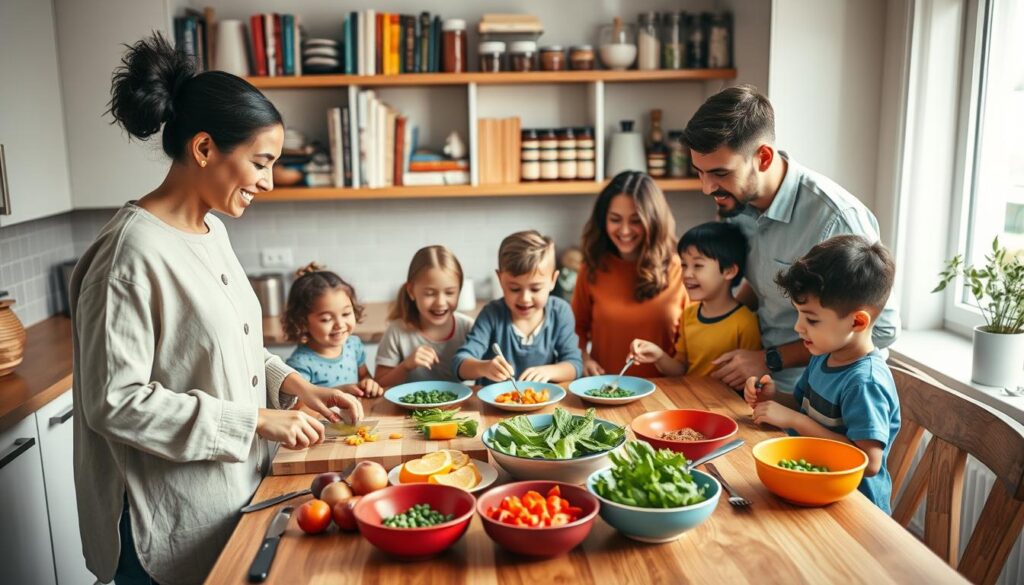 A cozy family kitchen scene showcasing a diverse family engaged in a cooking routine. In the foreground, a mother and father, both in modest casual clothing, are preparing a healthy meal together, chopping vegetables on a wooden cutting board. The middle ground features children of different ages happily setting the dining table, with colorful plates and utensils. The background includes shelves filled with cookbooks and neatly organized spices, while warm, soft lighting illuminates the room, creating an inviting atmosphere. The overall mood is cheerful and harmonious, reflecting the benefits of a structured cooking routine in everyday family life. The camera angle is slightly elevated, providing a bird’s-eye view of the productive kitchen activity. A cozy family kitchen scene showcasing a diverse family engaged in a cooking routine. In the foreground, a mother and father, both in modest casual clothing, are preparing a healthy meal together, chopping vegetables on a wooden cutting board. The middle ground features children of different ages happily setting the dining table, with colorful plates and utensils. The background includes shelves filled with cookbooks and neatly organized spices, while warm, soft lighting illuminates the room, creating an inviting atmosphere. The overall mood is cheerful and harmonious, reflecting the benefits of a structured cooking routine in everyday family life. The camera angle is slightly elevated, providing a bird’s-eye view of the productive kitchen activity.