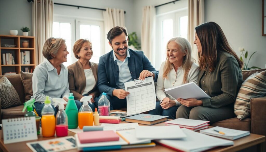 A cozy family living room setting where several household tasks are being clearly and fairly distributed among family members. In the foreground, a table is filled with various household items like a calendar, cleaning supplies, and chore charts. In the middle, a diverse group of three adults, dressed in professional casual attire, are discussing the tasks with friendly expressions, highlighting a collaborative spirit. One person points to a chore chart, while another takes notes on a notepad. In the background, a bright window lets in natural light, illuminating the space and creating a warm atmosphere. The overall mood is organized, positive, and focused on teamwork, underscoring the importance of fair task distribution in family life.