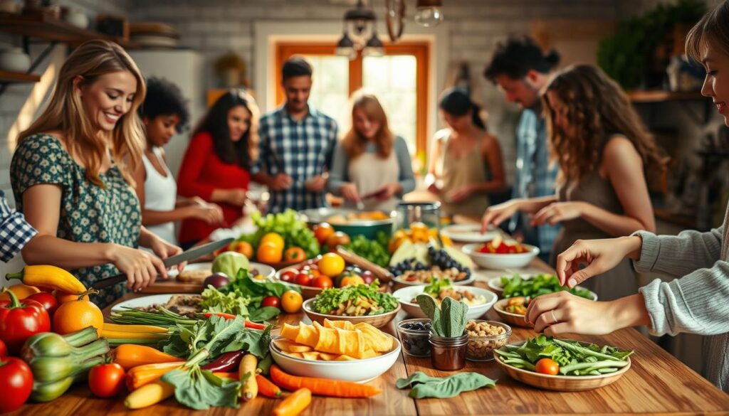 A cozy kitchen scene depicting a diverse group of individuals preparing a variety of healthy dishes together, embracing imperfect but vibrant food choices. In the foreground, there are colorful fresh vegetables and fruits scattered on a wooden countertop, with hands actively chopping, mixing, and plating. The middle of the image features a table filled with wholesome meals, showcasing dishes that look homemade and inviting, rather than perfectly styled. The background reveals warm, natural light streaming through a window, casting a soft glow over the scene, enhancing the atmosphere of community and enjoyment. Capture the sense of relaxed collaboration, focusing on the joy of cooking rather than perfection, with a lens that creates a shallow depth of field, emphasizing the action in the foreground. A cozy kitchen scene depicting a diverse group of individuals preparing a variety of healthy dishes together, embracing imperfect but vibrant food choices. In the foreground, there are colorful fresh vegetables and fruits scattered on a wooden countertop, with hands actively chopping, mixing, and plating. The middle of the image features a table filled with wholesome meals, showcasing dishes that look homemade and inviting, rather than perfectly styled. The background reveals warm, natural light streaming through a window, casting a soft glow over the scene, enhancing the atmosphere of community and enjoyment. Capture the sense of relaxed collaboration, focusing on the joy of cooking rather than perfection, with a lens that creates a shallow depth of field, emphasizing the action in the foreground.