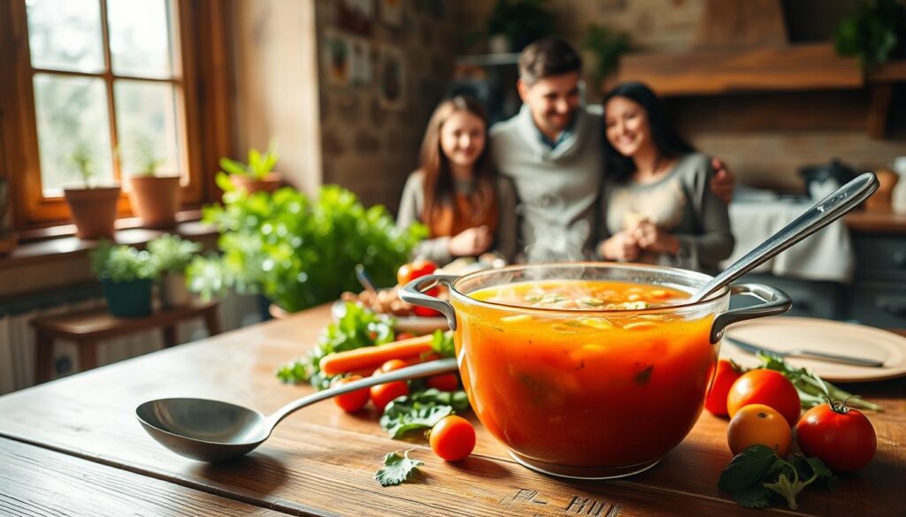 A cozy kitchen scene featuring a steaming pot of vibrant vegetable soup on a rustic wooden table, with fresh ingredients like carrots, tomatoes, and leafy greens artfully arranged around it. In the foreground, a ladle stands ready to serve, with droplets of soup glistening. In the middle ground, a family of four, dressed in comfortable yet modest clothing, smiles and interacts as they prepare the meal together, illustrating warmth and connection. The background showcases a sunlit window with herbs in pots, adding a natural feel. Soft, warm lighting bathes the scene, creating a welcoming atmosphere that evokes comfort and togetherness, ideal for a family gathering.