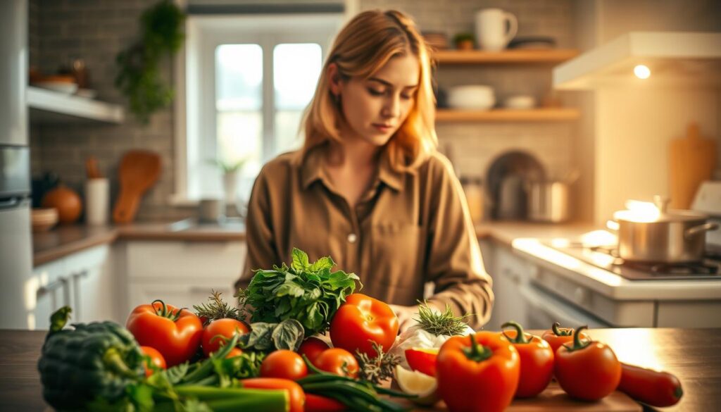 A cozy kitchen scene focusing on a woman in modest casual clothing, looking thoughtfully at a chopping board filled with fresh vegetables. In the foreground, colorful ingredients like tomatoes, bell peppers, and herbs are arranged to create an inviting atmosphere. The middle ground features a well-organized kitchen with soft lighting, highlighting modern appliances and a pot simmering on the stove. In the background, a window allows warm sunlight to spill in, illuminating the room and casting gentle shadows. The overall mood is one of contemplation and warmth, emphasizing the idea of time and energy in everyday cooking. Use a wide-angle lens to capture the entire scene, ensuring a sense of inviting space.