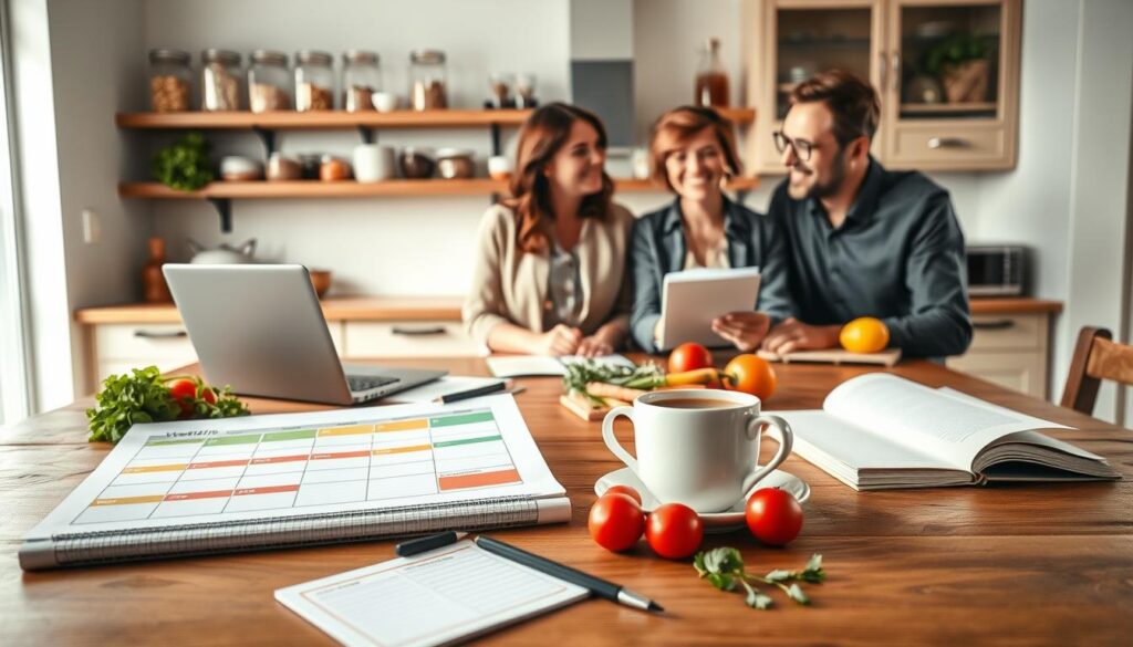 A cozy kitchen scene focusing on meal planning and shopping strategies. In the foreground, a wooden dining table displays a beautifully organized meal planner, colorful vegetables, and fresh herbs. A laptop and a notepad with a shopping list are arranged neatly alongside a cup of steaming tea, suggesting a productive planning session. In the middle, a family of three, dressed in casual yet professional attire, discusses meal ideas with cheerful expressions. In the background, a bright, well-lit kitchen with open shelves revealing jars of grains and spices contributes to an inviting atmosphere. Soft, natural light filters in through a window, creating a warm and relaxed mood. The overall composition emphasizes organization, family togetherness, and a stress-free approach to weekly meal preparation.