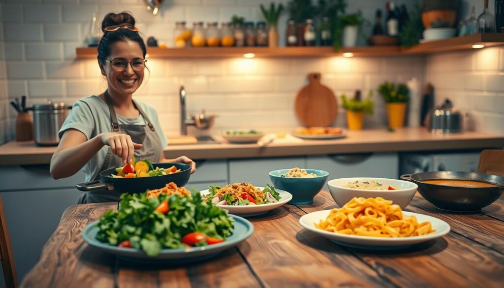 A cozy kitchen scene showcasing a vibrant array of quick, comforting dishes perfect for an evening meal. In the foreground, a rustic wooden table is adorned with colorful plates of fresh ingredients like chopped vegetables, herbs, and a steaming bowl of pasta. A cheerful, casually dressed individual, perhaps in a simple apron, is preparing a stir-fry, smiling as they sauté vegetables in a frying pan. In the middle, a well-lit countertop displays an assortment of easy-to-make meals, including a salad, a warm soup, and a quick stir-fry, all arranged invitingly. The background features soft, ambient lighting with shelves of herbs and spices, creating an atmosphere of warmth and comfort. The overall mood is relaxed and inviting, emphasizing the joy of cooking after a long day. A cozy kitchen scene showcasing a vibrant array of quick, comforting dishes perfect for an evening meal. In the foreground, a rustic wooden table is adorned with colorful plates of fresh ingredients like chopped vegetables, herbs, and a steaming bowl of pasta. A cheerful, casually dressed individual, perhaps in a simple apron, is preparing a stir-fry, smiling as they sauté vegetables in a frying pan. In the middle, a well-lit countertop displays an assortment of easy-to-make meals, including a salad, a warm soup, and a quick stir-fry, all arranged invitingly. The background features soft, ambient lighting with shelves of herbs and spices, creating an atmosphere of warmth and comfort. The overall mood is relaxed and inviting, emphasizing the joy of cooking after a long day.