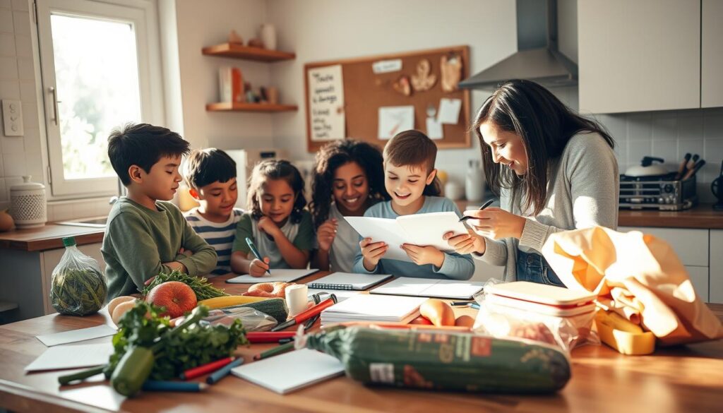 A cozy kitchen scene where a diverse family is engaged in writing a shopping list together. In the foreground, a wooden kitchen table is cluttered with notepads, pens, and fresh groceries that are carefully arranged. The mother, dressed in casual but tidy attire, is explaining something to her children, who are eagerly jotting down items. In the middle background, a bulletin board displays reminders for budgeting and savings. Sunlight streams through a window, illuminating the space with a warm, inviting glow, creating a sense of family collaboration and mindfulness about spending. The overall atmosphere is upbeat and productive, emphasizing the importance of planning to avoid impulse buys.