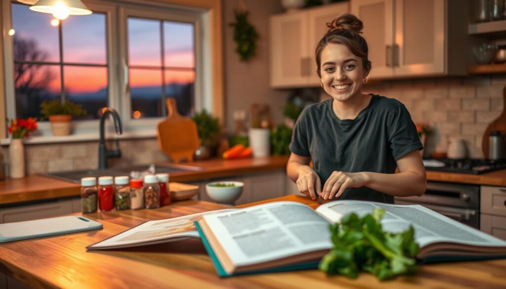 A cozy kitchen setting at dusk, with warm, inviting lighting casting a soft glow over the space. In the foreground, a cheerful individual in casual clothing prepares healthy ingredients on a wooden countertop, demonstrating a routine of chopping fresh vegetables. The middle ground features a well-organized kitchen with colorful spices, a cutting board, and a well-used recipe book, suggesting a blend of order and creativity. In the background, a window showcases the twilight sky, hinting at a peaceful evening. The overall atmosphere is warm and encouraging, reflecting a sense of calm and routine in healthy cooking. Emphasize rich colors and a sense of homeliness. A cozy kitchen setting at dusk, with warm, inviting lighting casting a soft glow over the space. In the foreground, a cheerful individual in casual clothing prepares healthy ingredients on a wooden countertop, demonstrating a routine of chopping fresh vegetables. The middle ground features a well-organized kitchen with colorful spices, a cutting board, and a well-used recipe book, suggesting a blend of order and creativity. In the background, a window showcases the twilight sky, hinting at a peaceful evening. The overall atmosphere is warm and encouraging, reflecting a sense of calm and routine in healthy cooking. Emphasize rich colors and a sense of homeliness.