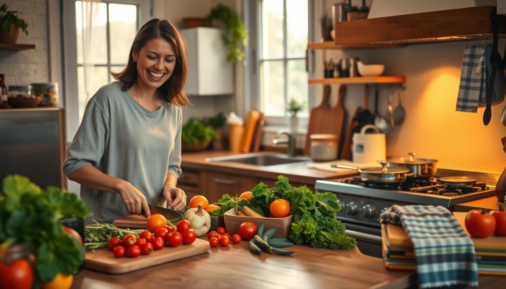 A cozy, warmly lit kitchen filled with fresh ingredients and cooking utensils, epitomizing the essence of stress-free evening cooking. In the foreground, a person in casual, modest attire joyfully chopping vegetables on a wooden cutting board. The middle ground features a colorful array of fresh produce, herbs, and neatly organized cooking tools. In the background, a softly glowing stove with simmering pans and a few cooking books on the countertop garnished with a stylish kitchen towel. Natural light filters through a nearby window, casting gentle shadows and creating an inviting atmosphere. The mood is relaxed and cheerful, emphasizing the simplicity and enjoyment of cooking after a long day at work. A cozy, warmly lit kitchen filled with fresh ingredients and cooking utensils, epitomizing the essence of stress-free evening cooking. In the foreground, a person in casual, modest attire joyfully chopping vegetables on a wooden cutting board. The middle ground features a colorful array of fresh produce, herbs, and neatly organized cooking tools. In the background, a softly glowing stove with simmering pans and a few cooking books on the countertop garnished with a stylish kitchen towel. Natural light filters through a nearby window, casting gentle shadows and creating an inviting atmosphere. The mood is relaxed and cheerful, emphasizing the simplicity and enjoyment of cooking after a long day at work.