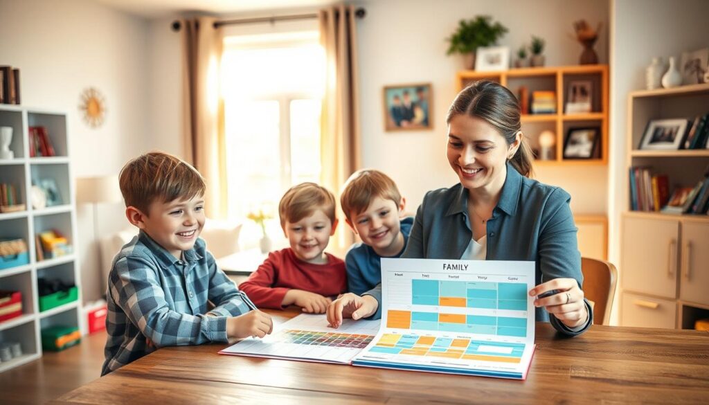 A family organization scene in a bright, inviting home environment. In the foreground, a smiling mother, dressed in smart casual attire, is working on a colorful family calendar at a wooden dining table alongside two children, a boy and a girl. The middle ground features a cozy living room with shelves filled with books and family photos. The background shows a window letting in warm, natural light, casting soft shadows. The atmosphere is cheerful and harmonious, reflecting a sense of order and ease, with subtle touches like neatly arranged toys and school supplies. The image conveys a blend of warmth and structure, emphasizing successful family organization through routines.