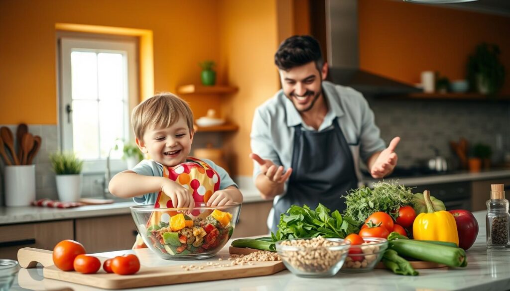 A joyful kitchen scene focusing on a parent and child engaging in a fun cooking activity. In the foreground, the child, dressed in a colorful apron, is smiling and joyfully mixing ingredients in a bowl. The parent, wearing casual but professional-looking attire, is guiding the child with encouraging gestures. In the middle ground, a beautifully arranged countertop showcases healthy, vibrant ingredients like fresh vegetables, fruits, and grains. The background features a cozy kitchen with warm-colored walls, natural light streaming in through a window, creating an inviting atmosphere. The mood is playful and nurturing, emphasizing the importance of healthy cooking for picky eaters. The lighting is bright and cheerful, highlighting the textures of the food and the warmth of the family interaction. A joyful kitchen scene focusing on a parent and child engaging in a fun cooking activity. In the foreground, the child, dressed in a colorful apron, is smiling and joyfully mixing ingredients in a bowl. The parent, wearing casual but professional-looking attire, is guiding the child with encouraging gestures. In the middle ground, a beautifully arranged countertop showcases healthy, vibrant ingredients like fresh vegetables, fruits, and grains. The background features a cozy kitchen with warm-colored walls, natural light streaming in through a window, creating an inviting atmosphere. The mood is playful and nurturing, emphasizing the importance of healthy cooking for picky eaters. The lighting is bright and cheerful, highlighting the textures of the food and the warmth of the family interaction.