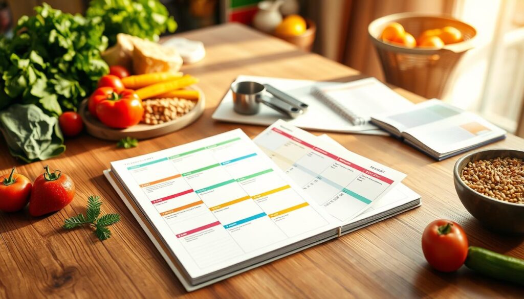 A modern and flexible weekly planner laid out on a wooden table, surrounded by healthy meal ingredients like vegetables, fruits, and grains. In the foreground, a neatly organized planner with colorful sections for each day, open to the current week, showcasing notes and meal ideas. In the middle, a set of measuring cups and a notepad filled with grocery lists, emphasizing organization and planning. In the background, soft natural lighting filters through a window, casting a warm glow over the scene, creating a calm and productive atmosphere. Ensure that the setting reflects a cozy, inviting kitchen environment, highlighting a sense of flexibility in daily meal planning. The composition should feel inspiring and motivating, suitable for someone seeking better everyday organization. A modern and flexible weekly planner laid out on a wooden table, surrounded by healthy meal ingredients like vegetables, fruits, and grains. In the foreground, a neatly organized planner with colorful sections for each day, open to the current week, showcasing notes and meal ideas. In the middle, a set of measuring cups and a notepad filled with grocery lists, emphasizing organization and planning. In the background, soft natural lighting filters through a window, casting a warm glow over the scene, creating a calm and productive atmosphere. Ensure that the setting reflects a cozy, inviting kitchen environment, highlighting a sense of flexibility in daily meal planning. The composition should feel inspiring and motivating, suitable for someone seeking better everyday organization.