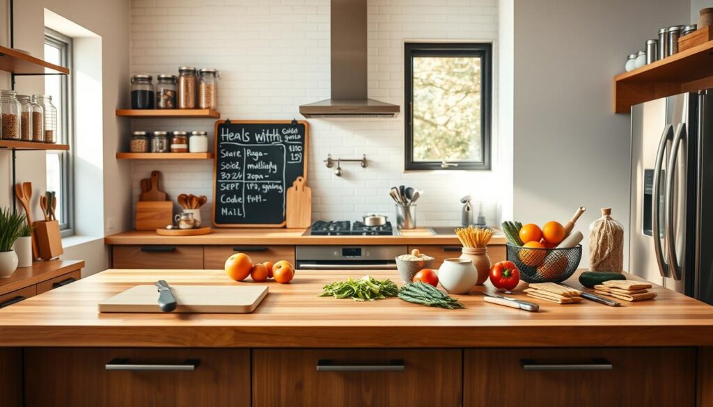 A modern, efficient kitchen organization layout in a brightly lit space. In the foreground, a sleek wooden kitchen island features neatly arranged cutting boards, utensils, and fresh ingredients, showcasing an ideal prep area for stress-free cooking. In the middle ground, open shelves display clear storage jars filled with spices and grains, while a chalkboard hangs on the wall with a neatly written meal plan. The background reveals stainless steel appliances that gleam under warm, natural light streaming through a large window. The overall atmosphere is inviting and organized, evoking a sense of calm and readiness for cooking. The angle is slightly elevated, capturing both the depth of the kitchen and the intricate details of the organized elements.