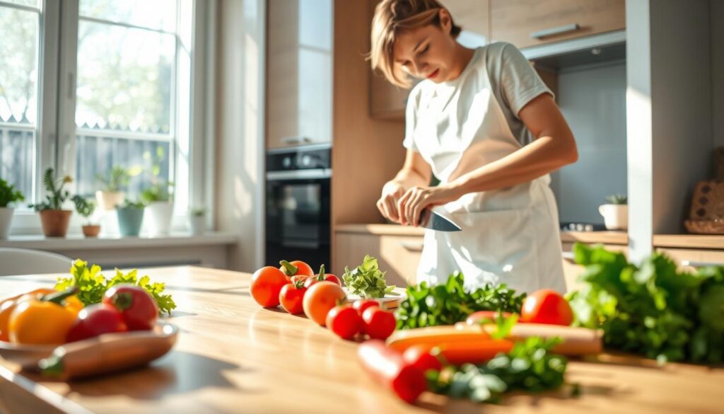 A modern kitchen filled with natural light, showcasing a serene environment that promotes healthy cooking routines. In the foreground, a wooden dining table is adorned with fresh vegetables, fruits, and herbs, reflecting vibrant colors. In the middle, a person wearing a crisp white apron and modest casual clothing is thoughtfully preparing a meal, chopping vegetables with precision. The background features sleek kitchen cabinets and a window with potted plants, emphasizing a connection to nature. The lighting is bright and warm, creating a welcoming atmosphere. The camera angle is slightly elevated, capturing both the cooking process and the inviting kitchen setting, evoking a sense of calmness and focus on well-being. A modern kitchen filled with natural light, showcasing a serene environment that promotes healthy cooking routines. In the foreground, a wooden dining table is adorned with fresh vegetables, fruits, and herbs, reflecting vibrant colors. In the middle, a person wearing a crisp white apron and modest casual clothing is thoughtfully preparing a meal, chopping vegetables with precision. The background features sleek kitchen cabinets and a window with potted plants, emphasizing a connection to nature. The lighting is bright and warm, creating a welcoming atmosphere. The camera angle is slightly elevated, capturing both the cooking process and the inviting kitchen setting, evoking a sense of calmness and focus on well-being.