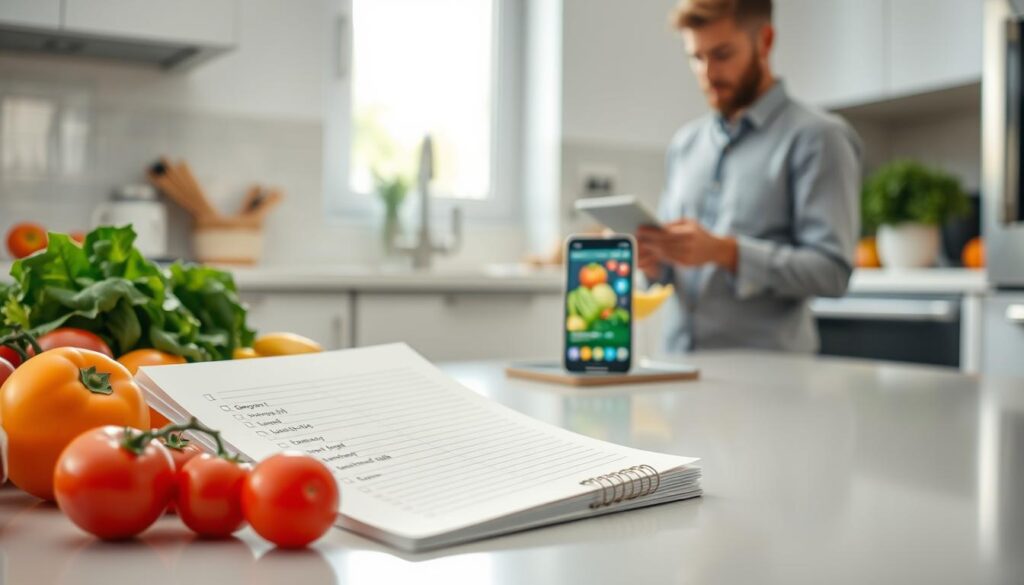 A modern kitchen scene featuring a structured shopping list prominently displayed on a sleek, minimalist countertop. In the foreground, a neatly organized shopping list written on a notepad, surrounded by colorful fresh produce like tomatoes, lettuce, and fruits, indicating a focus on groceries. The middle ground includes a smartphone displaying a grocery planning app, with vibrant graphics, blending technology with food planning. In the background, a window illuminates the scene with natural light, creating a warm, inviting atmosphere. Soft focus on a person in casual, professional attire, thoughtfully reviewing the list, evoking a sense of purpose and efficiency. The overall mood is motivational, emphasizing practicality and sustainability in food shopping practices. A modern kitchen scene featuring a structured shopping list prominently displayed on a sleek, minimalist countertop. In the foreground, a neatly organized shopping list written on a notepad, surrounded by colorful fresh produce like tomatoes, lettuce, and fruits, indicating a focus on groceries. The middle ground includes a smartphone displaying a grocery planning app, with vibrant graphics, blending technology with food planning. In the background, a window illuminates the scene with natural light, creating a warm, inviting atmosphere. Soft focus on a person in casual, professional attire, thoughtfully reviewing the list, evoking a sense of purpose and efficiency. The overall mood is motivational, emphasizing practicality and sustainability in food shopping practices.