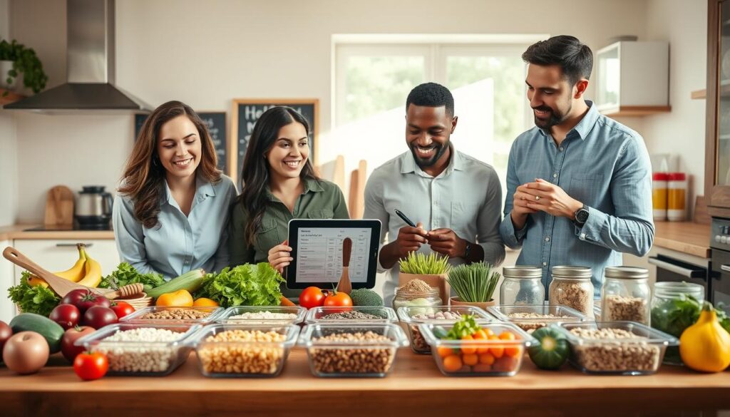 A modern kitchen scene reflecting the theme of overcoming challenges in meal planning. In the foreground, a diverse group of three individuals—two women and one man—are smiling and collaborating over a large wooden table filled with fresh vegetables, grains, and meal prep containers. One woman, wearing a professional shirt, is holding a digital tablet displaying a meal plan, while the man, in smart-casual attire, is jotting down notes. In the middle ground, a chalkboard lists healthy meal ideas, and colorful spice jars add vibrancy. The background features a bright, well-organized kitchen with sunlight streaming through a window, creating a warm and inviting atmosphere. The overall mood is one of teamwork, positivity, and effective planning, captured with soft, natural lighting to enhance the freshness of the ingredients. A modern kitchen scene reflecting the theme of overcoming challenges in meal planning. In the foreground, a diverse group of three individuals—two women and one man—are smiling and collaborating over a large wooden table filled with fresh vegetables, grains, and meal prep containers. One woman, wearing a professional shirt, is holding a digital tablet displaying a meal plan, while the man, in smart-casual attire, is jotting down notes. In the middle ground, a chalkboard lists healthy meal ideas, and colorful spice jars add vibrancy. The background features a bright, well-organized kitchen with sunlight streaming through a window, creating a warm and inviting atmosphere. The overall mood is one of teamwork, positivity, and effective planning, captured with soft, natural lighting to enhance the freshness of the ingredients.