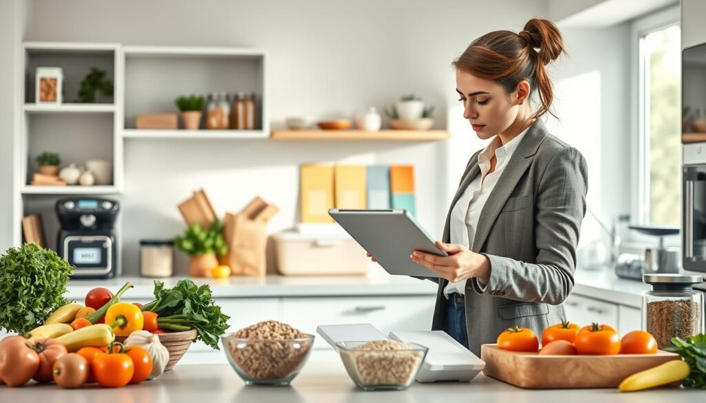 A modern kitchen workspace, featuring a sleek digital organizational tablet displaying a weekly meal plan, surrounded by fresh vegetables, grains, and storage containers. In the foreground, a person dressed in a smart casual outfit is thoughtfully arranging items on a countertop, while reviewing the digital planner. The middle ground includes open shelves with labeled jars, colorful recipe cards, and a stylish kitchen scale. The background reveals a bright, airy kitchen with natural light streaming in from a large window, creating an inviting atmosphere. The overall mood is focused and organized, showcasing efficiency in kitchen management. The image should have a professional, clean aesthetic with soft lighting, ideal for illustrating the concept of digital kitchen organization. A modern kitchen workspace, featuring a sleek digital organizational tablet displaying a weekly meal plan, surrounded by fresh vegetables, grains, and storage containers. In the foreground, a person dressed in a smart casual outfit is thoughtfully arranging items on a countertop, while reviewing the digital planner. The middle ground includes open shelves with labeled jars, colorful recipe cards, and a stylish kitchen scale. The background reveals a bright, airy kitchen with natural light streaming in from a large window, creating an inviting atmosphere. The overall mood is focused and organized, showcasing efficiency in kitchen management. The image should have a professional, clean aesthetic with soft lighting, ideal for illustrating the concept of digital kitchen organization.