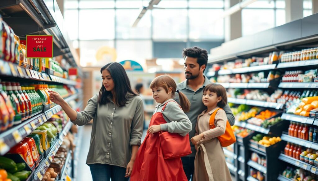A quiet, organized grocery store aisle features a diverse family of four—a mother, father, and two children—carefully selecting items. The foreground shows the family examining a brightly colored sale sign on a shelf, highlighting a specific product with a discount. The middle ground showcases neat rows of groceries, with fresh produce and packaged goods arranged artistically. In the background, sunlight filters through large windows, creating a warm and inviting atmosphere. The family appears content and focused, dressed in modest casual clothing, embodying a thoughtful approach to shopping. The scene captures the concept of smart shopping as they avoid impulse buys. Use soft lighting to enhance the inviting ambiance.