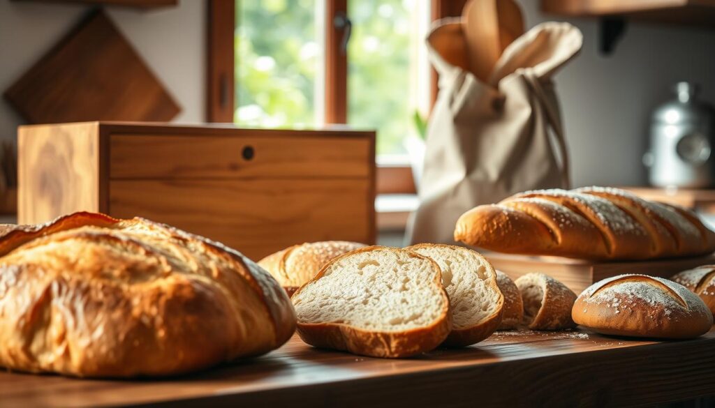 A rustic wooden kitchen counter showcasing a variety of freshly baked bread and baked goods arranged artfully. The foreground features a golden-brown artisanal loaf with a crispy crust, a sliced baguette revealing soft, fluffy interior, and a few pastries dusted with powdered sugar. In the middle layer, a stylish bread box made of wood sits elegantly next to a linen bread bag, harmonizing the scene. Soft, natural lighting pours in from a nearby window, casting gentle shadows that enhance the textures of the bread. The background includes blurred greenery through the window, suggesting a serene kitchen setting. The overall atmosphere is warm and inviting, emphasizing the importance of keeping bread fresh and maintaining its delightful crust.