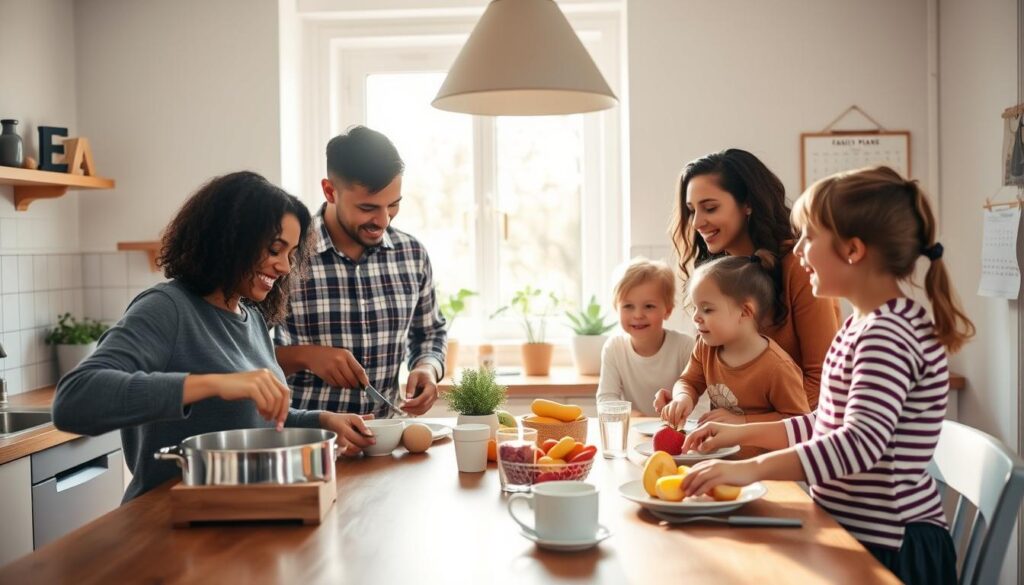 A serene family morning routine in a bright, cozy kitchen. In the foreground, a diverse family of four—parents and two children—happily preparing breakfast together, wearing casual but neat clothing. The father stirs oatmeal in a pot, while the mother slices fresh fruits on a wooden countertop. The children help by setting the table, smiling and laughing. In the middle ground, a sunlit window brings warmth and soft, natural light into the space, illuminating cheerful decor and houseplants. In the background, a calendar hangs on the wall with family plans. The atmosphere is relaxed and joyful, evoking a sense of togetherness and ease, captured from a slightly elevated angle to encompass the family's engaging interactions.