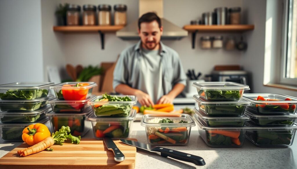 A serene kitchen scene, featuring a countertop filled with neatly organized meal prep containers showcasing colorful, nutritious meals. In the foreground, there is a wooden cutting board with fresh vegetables like bell peppers, carrots, and leafy greens, alongside a knife and a chopping board. In the middle, an adult in casual, modest clothing is skillfully prepping meals, exuding a relaxed and focused demeanor, surrounded by a variety of vibrant ingredients. The background reveals shelves stocked with jars of spices and grains, enhancing the homey atmosphere. Soft, natural light gently filters through a window, casting warm, inviting shadows, creating a calm and organized vibe that embodies the stress-free essence of meal preparation. A serene kitchen scene, featuring a countertop filled with neatly organized meal prep containers showcasing colorful, nutritious meals. In the foreground, there is a wooden cutting board with fresh vegetables like bell peppers, carrots, and leafy greens, alongside a knife and a chopping board. In the middle, an adult in casual, modest clothing is skillfully prepping meals, exuding a relaxed and focused demeanor, surrounded by a variety of vibrant ingredients. The background reveals shelves stocked with jars of spices and grains, enhancing the homey atmosphere. Soft, natural light gently filters through a window, casting warm, inviting shadows, creating a calm and organized vibe that embodies the stress-free essence of meal preparation.