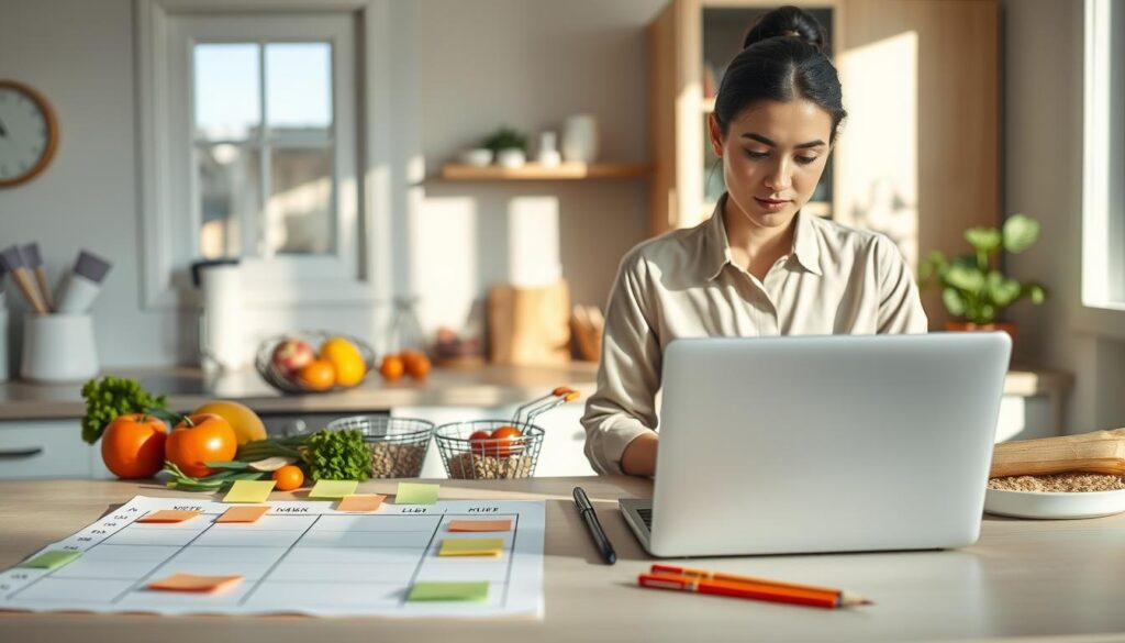 A serene kitchen scene that illustrates effective grocery planning to minimize shopping stress. In the foreground, a neatly organized weekly meal planner, with colorful sticky notes and a shopping list. A professional-looking person in modest casual attire is surrounded by fresh ingredients displayed in an orderly fashion, such as vegetables and grains, with a laptop open showing an online grocery app. In the middle ground, the kitchen counter has a gentle morning light streaming in from a window, casting soft shadows. The background features a well-stocked pantry and an indoor plant, enhancing a warm and inviting atmosphere. The overall mood is calm and organized, emphasizing efficiency and balance in meal preparation.