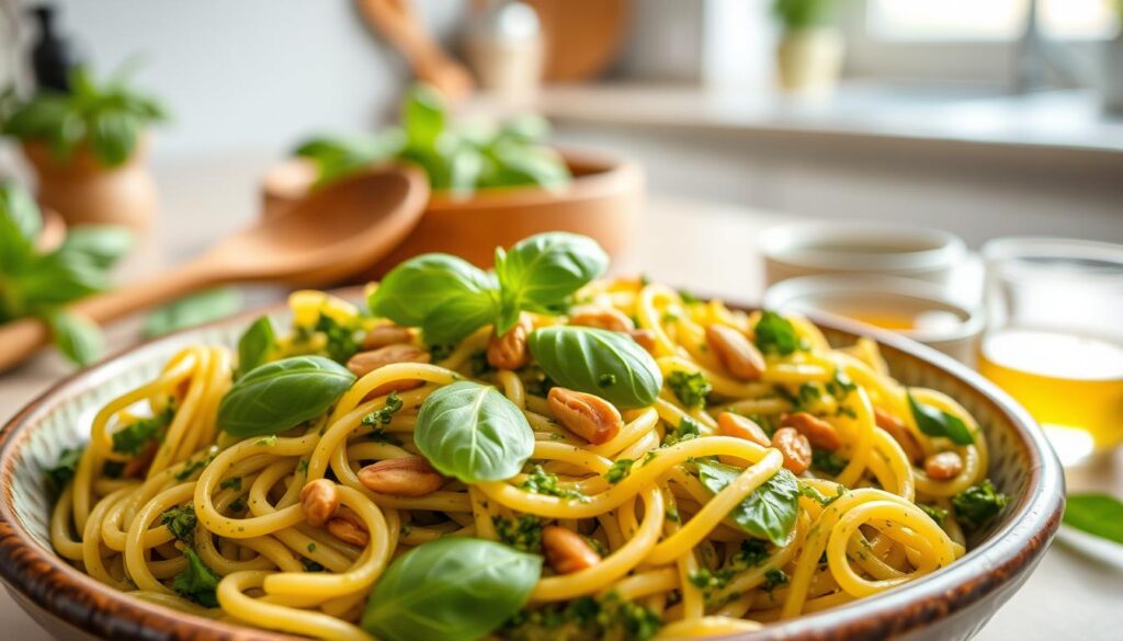 A vibrant and inviting plate of whole grain pasta tossed with fresh, homemade pesto sauce, garnished with bright green basil leaves and toasted pine nuts. The foreground features a close-up view of the pasta in an elegant, rustic bowl, showcasing the rich texture and colors of the ingredients. The middle ground includes a wooden serving spoon and a small bowl of olive oil, adding a touch of warmth and authenticity. In the background, a softly blurred kitchen scene with a hint of natural light streaming through a window creates a cozy atmosphere. The composition should evoke feelings of wholesome, stress-free family dinners, with a natural and refreshing color palette. Use soft, diffused lighting to enhance the freshness of the ingredients, capturing the essence of a quick, healthy meal.