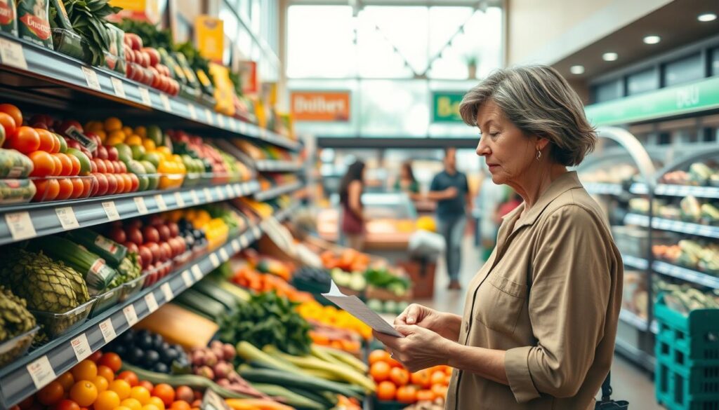 A vibrant, engaging grocery store scene showcasing a well-organized shopping experience. In the foreground, a mid-aged woman in modest casual clothing, holding a shopping list and looking thoughtfully at fresh produce. The middle layer includes shelves filled with colorful fruits, vegetables, and grocery items, all neatly arranged to convey a sense of order. The background reveals other shoppers browsing, with a hint of a deli section visible. Soft, natural lighting streams in from large windows, creating a warm and inviting atmosphere. The image should capture a feeling of mindfulness and planning in grocery shopping, illustrating the importance of preparation for successful meal planning. A vibrant, engaging grocery store scene showcasing a well-organized shopping experience. In the foreground, a mid-aged woman in modest casual clothing, holding a shopping list and looking thoughtfully at fresh produce. The middle layer includes shelves filled with colorful fruits, vegetables, and grocery items, all neatly arranged to convey a sense of order. The background reveals other shoppers browsing, with a hint of a deli section visible. Soft, natural lighting streams in from large windows, creating a warm and inviting atmosphere. The image should capture a feeling of mindfulness and planning in grocery shopping, illustrating the importance of preparation for successful meal planning.