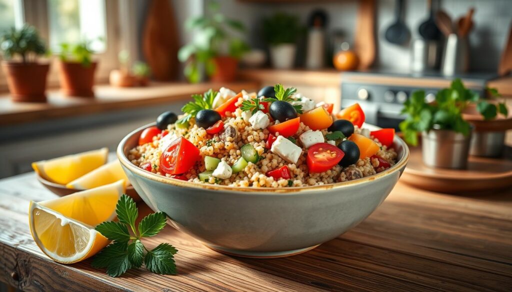 A vibrant, healthy Mediterranean bowl filled with colorful quinoa and couscous, garnished with fresh cherry tomatoes, cucumber slices, olives, and crumbled feta cheese. The bowl sits on a rustic wooden table, complemented by a side of lemon wedges and sprigs of fresh herbs like parsley and mint. In the background, there is soft, natural lighting coming from a nearby window, casting gentle shadows that enhance the textures of the ingredients. A blurred view of a cozy kitchen can be seen, with potted plants and kitchen utensils adding warmth to the scene. This inviting and fresh setup radiates an atmosphere of healthy eating and family-focused meals, perfect for a stress-free evening.